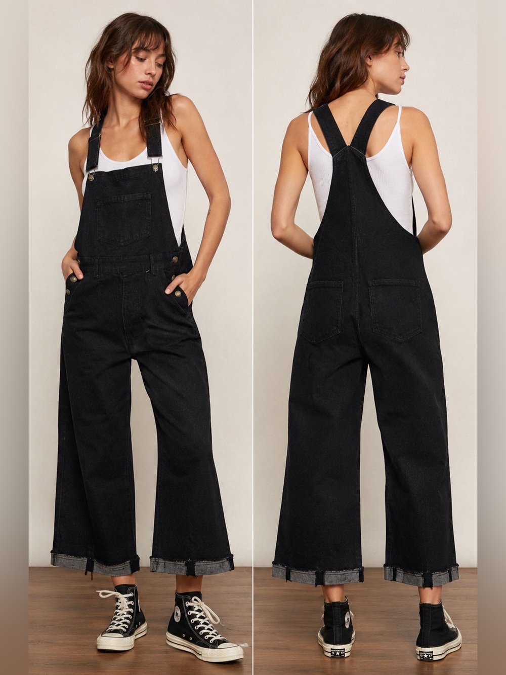 XS Dark Wash Cropped Wide Leg Denim Overalls Raw Hem Stretch Jumpsuit - Picture 1 of 10